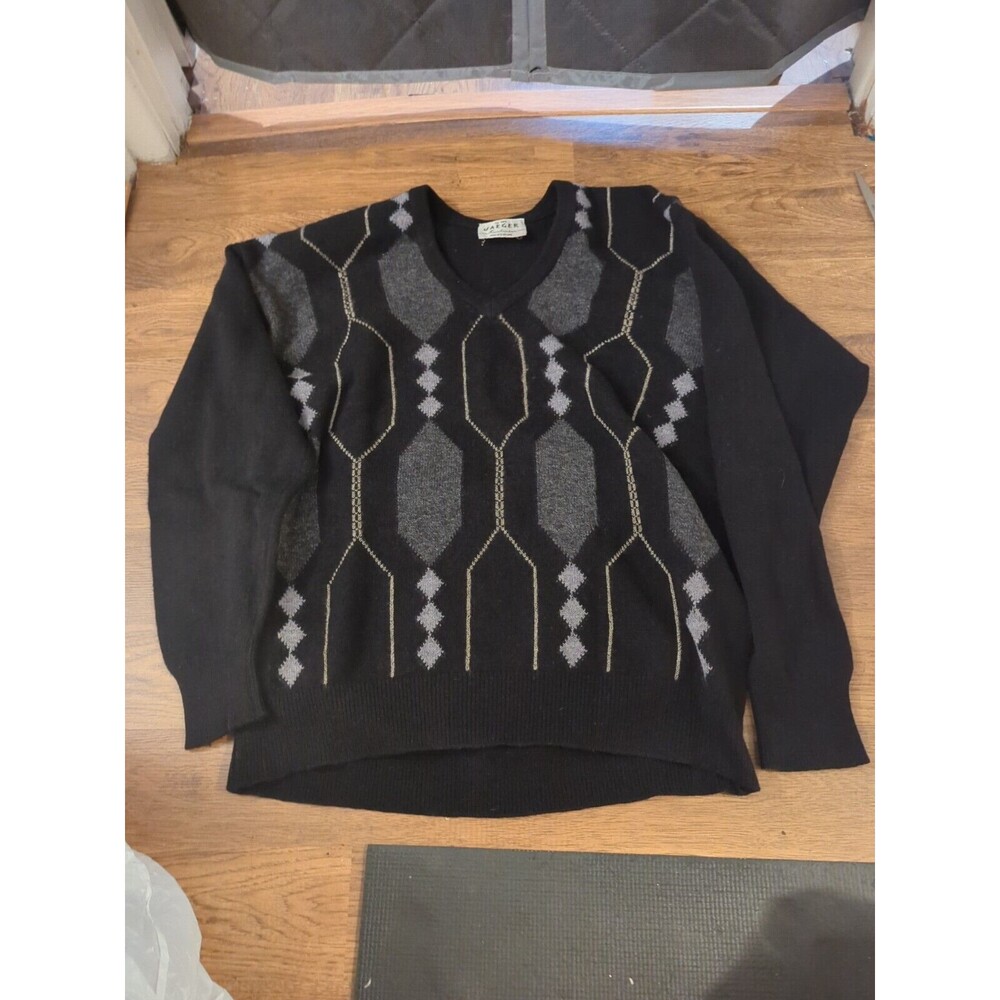 Vtg Jaeger Mens Large Black Argyle Lambswool V Neck Pullover Sweater